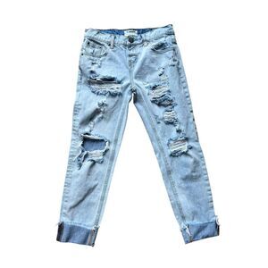 One X oneTeaspoon Distressed Grunge Boyfriend Light Crop Raw Cuffed Hem Jeans 25